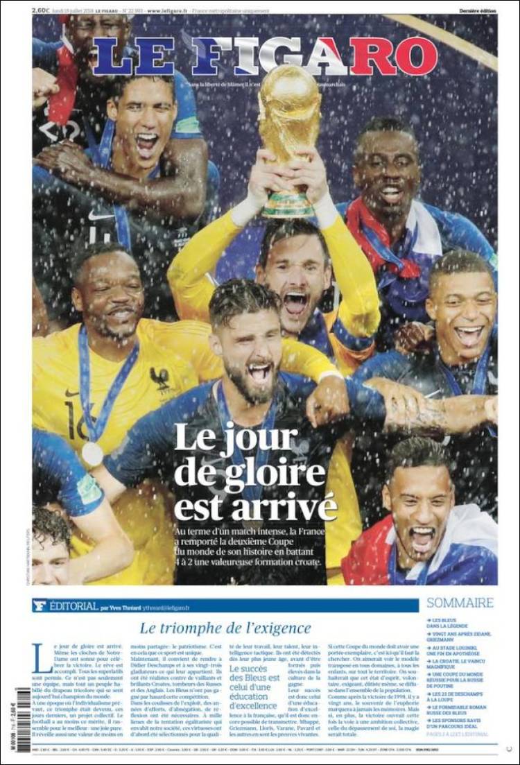 "Le jour de gloire est arrivé", c'est la Une du Figaro pour la victoire des Bleus à la Coupe du Monde 2018